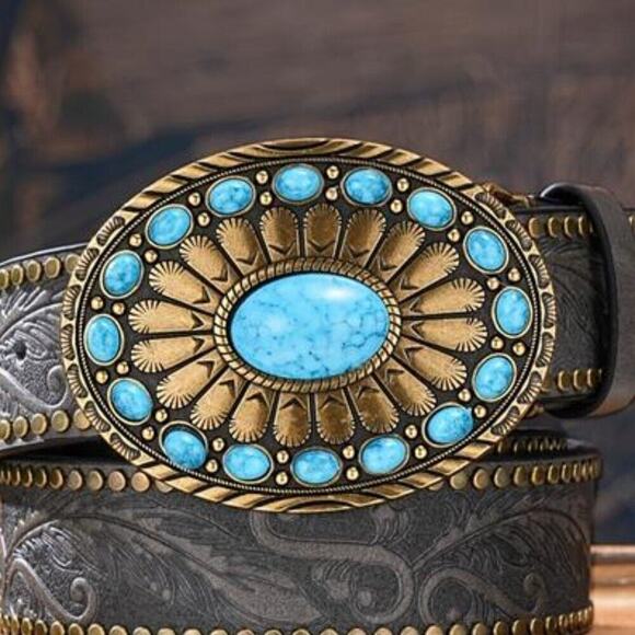 Unisex Western Black Leather Belt with Embossed Gemstone Pattern & Metal Buckle - Picture 3 of 6